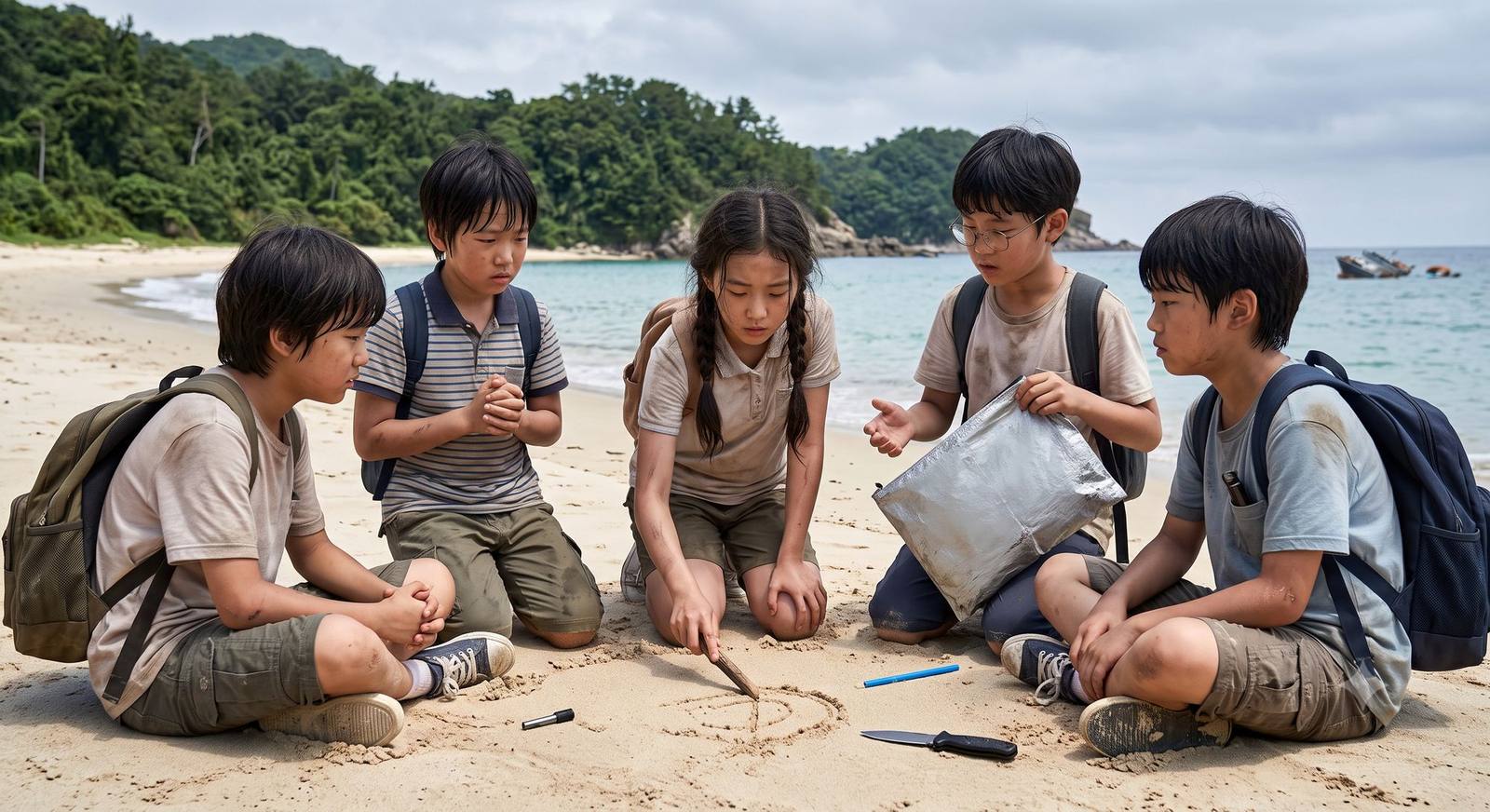 바닷가 모래밭에 둘러앉아 나뭇가지로 그림을 그리며 회의하는 다섯 아이